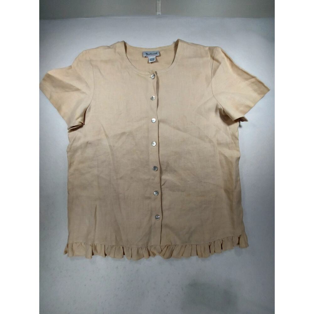 Vtg Westbound 100% Linen Blouse Womens Lg Taupe Beige Button Up Ruffle Hem Top